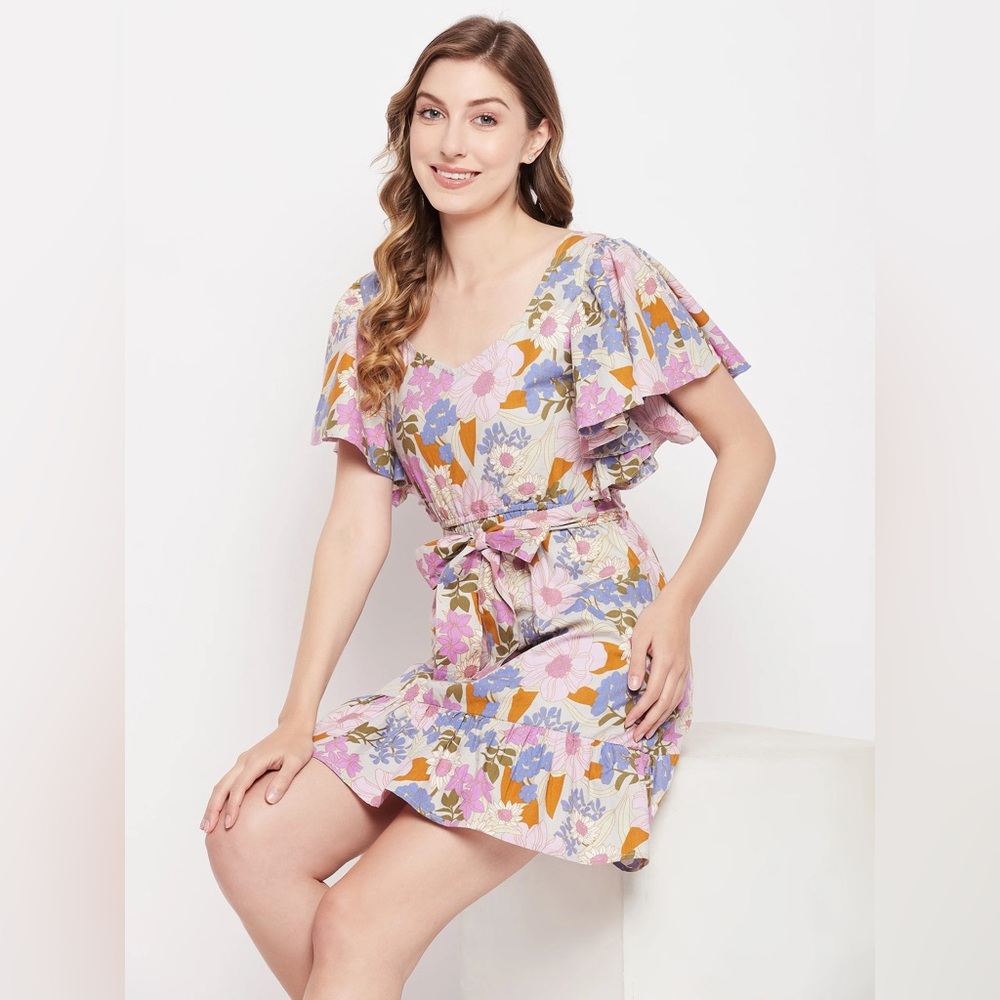 NWT Sim & Sam Floral Flutter Sleeves V-Neck Dress with Belt